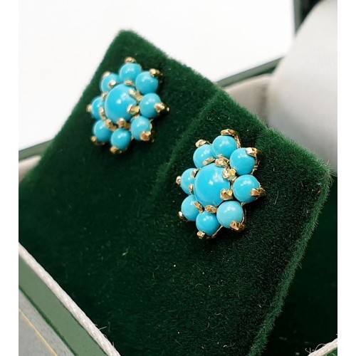 17 - A pair of 9ct gold and turquoise cluster earrings, gross weight 1.4g. UK shipping £14.