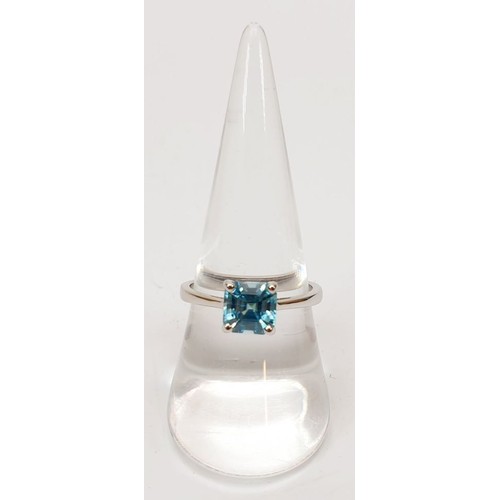 35 - A hallmarked 9ct white gold blue zircon ring, size P/Q, gross weight 2.7g. UK shipping £14.