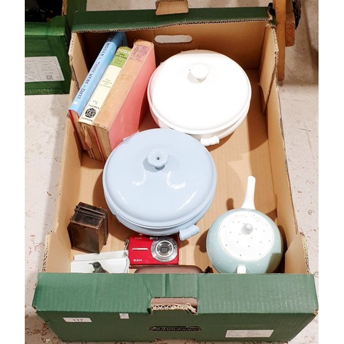 117 - A box including a Susie Cooper teapot, two Wedgwood covered tureens and assorted. No shipping. Arran... 