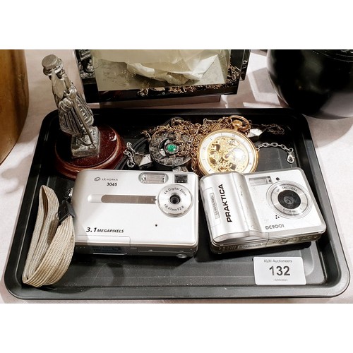 132 - Two digital cameras, a pocket watch A/F and assorted. UK shipping £14.