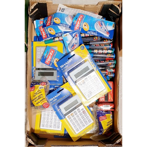 147 - A box of new in packet calculators and pens. No shipping. Arrange collection or your own packer and ... 