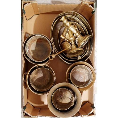 155 - A box of brassware. No shipping. Arrange collection or your own packer and shipper, please. Electric... 