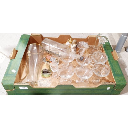 191 - A box of glassware including a ship in a bottle. No shipping. Arrange collection or your own packer ... 