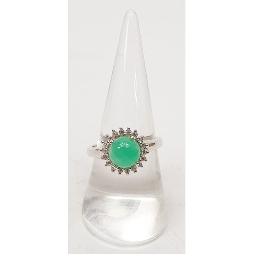 37 - A 925 silver ring set with prase green opal and white zircon, size P/Q. UK shipping £14.