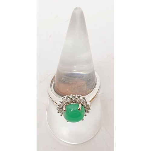 37 - A 925 silver ring set with prase green opal and white zircon, size P/Q. UK shipping £14.