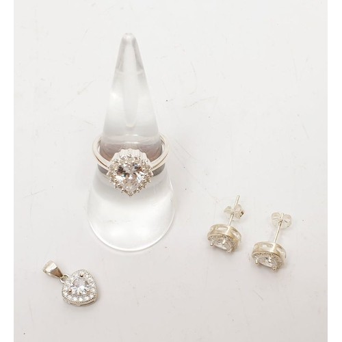 49 - 925 silver earrings, pendant and ring set with white stones. UK shipping £14.