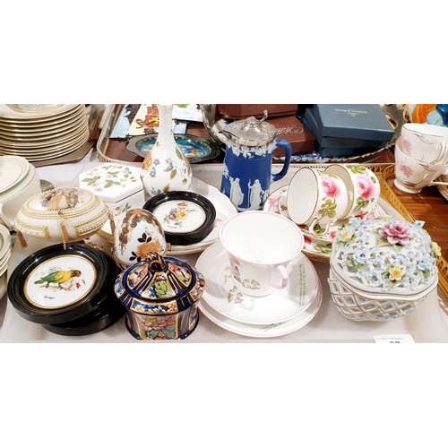 97 - A tray of ceramics including a Shelley Mable Lucy Atwell trio, hand painted Wedgewood and Limoges. N... 