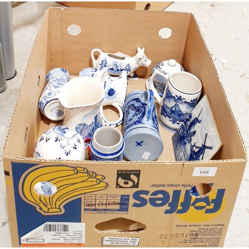 145 - A box of blue and white including Delft. No shipping. Arrange collection or your own packer and ship... 