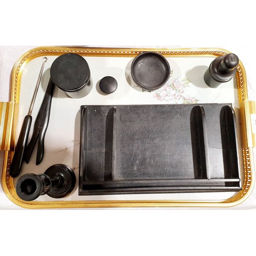 182 - Vintage ebony dressing table items and an ebony medicine bottle holder together with a wooden tray. ... 