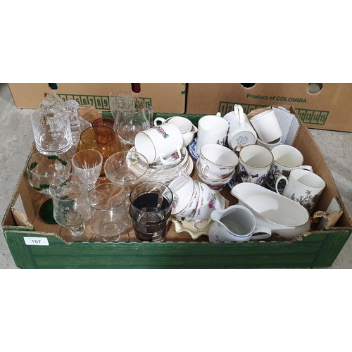 187 - A box of glass and china. No shipping. Arrange collection or your own packer and shipper, please. El... 