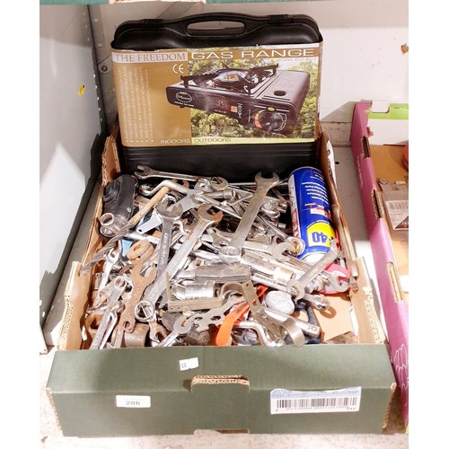 286 - A box of tools and a camping stove. No shipping. Arrange collection or your own packer and shipper, ... 