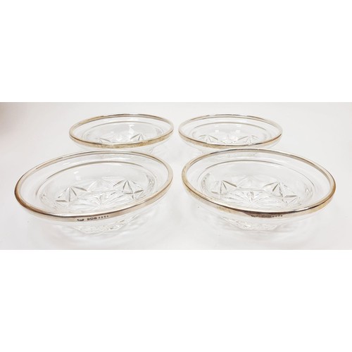 345 - Four cut crystal bowls, with hallmarked silver rims by John Grinsel, Birmingham 1928, diameter 6