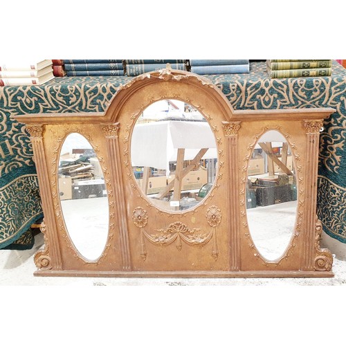 375 - An antique three panel over-mantel mirror A/F, width 53.5