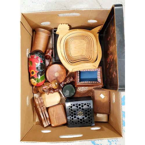 405 - A box of treen. No shipping. Arrange collection or your own packer and shipper, please. Electricals ... 