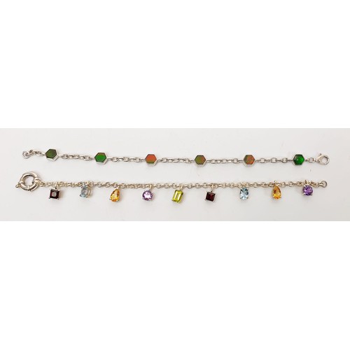 6 - A silver bracelet set with multi-coloured gem stones together with a silver bracelet set with ammoli... 