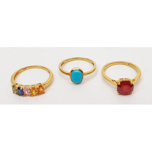 59 - Three gold plated silver rings set with gem stones, each P/Q. UK shipping £14.