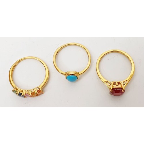 59 - Three gold plated silver rings set with gem stones, each P/Q. UK shipping £14.