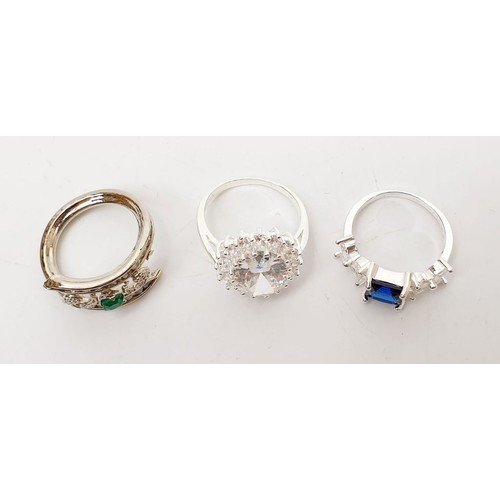 73 - Three silver rings set with coloured stones, size O, Q and Q. UK shipping £14.