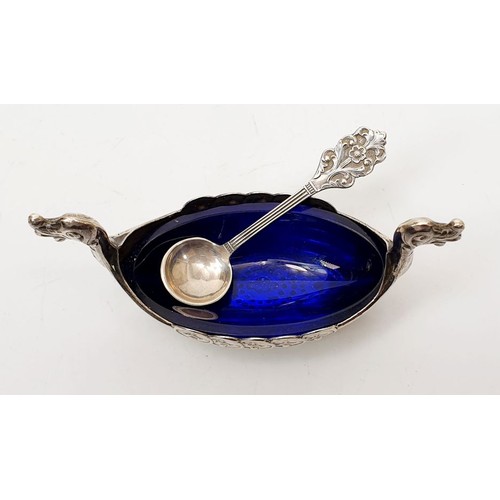 87 - A 925 silver salt in the form of a Viking boat with blue liner by David Andersen, length 3.25