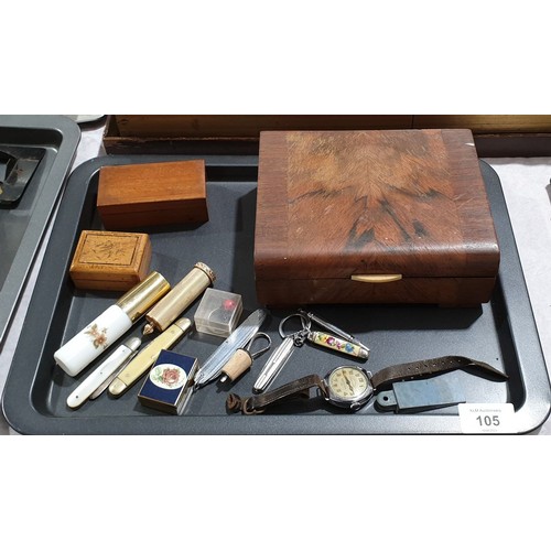 105 - Penknives and assorted including an antique wrist watch. UK shipping £14.