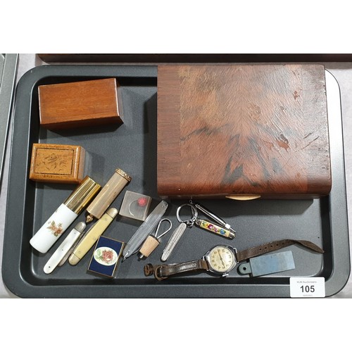 105 - Penknives and assorted including an antique wrist watch. UK shipping £14.