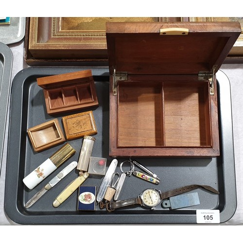 105 - Penknives and assorted including an antique wrist watch. UK shipping £14.