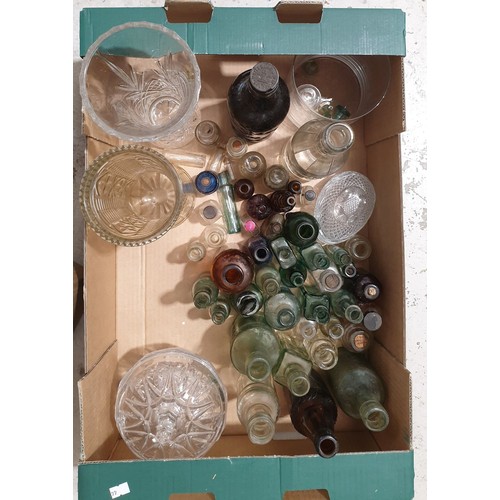 166 - A box of antique and later bottles and other glassware. No shipping. Arrange collection or your own ... 