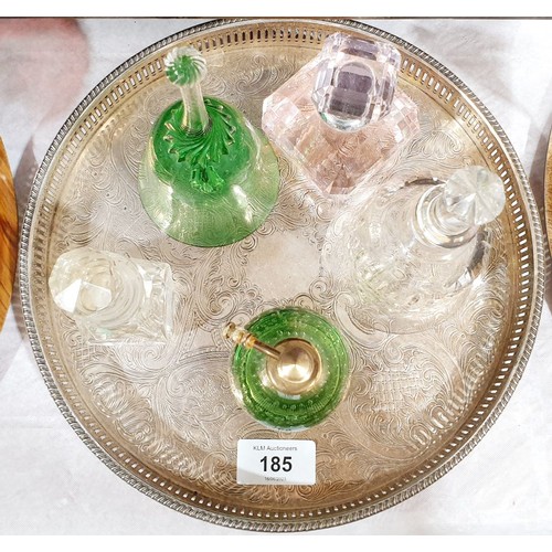 185 - Three glass scent bottles and two glass bells. No shipping. Arrange collection or your own packer an... 