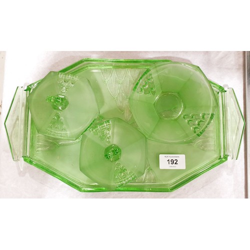 192 - A 1920/30s green glass dressing table set. No shipping. Arrange collection or your own packer and sh... 