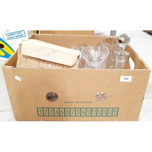 193 - A box of glassware including a decanter. No shipping. Arrange collection or your own packer and ship... 