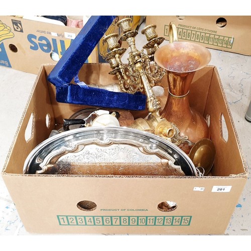 201 - A box of metal ware. No shipping. Arrange collection or your own packer and shipper, please. Electri... 