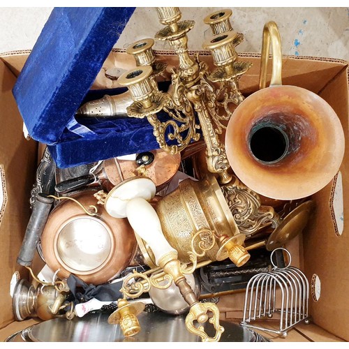 201 - A box of metal ware. No shipping. Arrange collection or your own packer and shipper, please. Electri... 