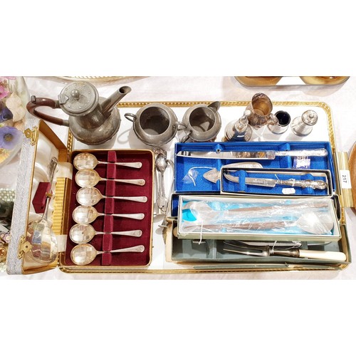 217 - A vintage boxed Oneida canteen salad serving set, other flatware, a three piece pewter tea set and o... 