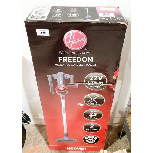 258 - A Hoover Freedom cordless vacuum cleaner, no charger. No shipping. Arrange collection or your own pa... 