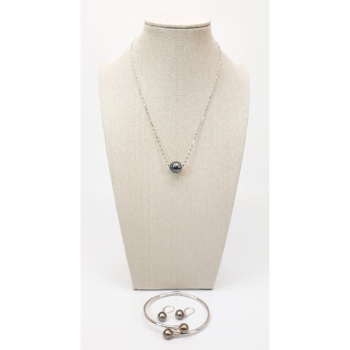 5 - Silver and Tahitian cultured pearl necklace, earrings and a bangle. UK shipping £14.