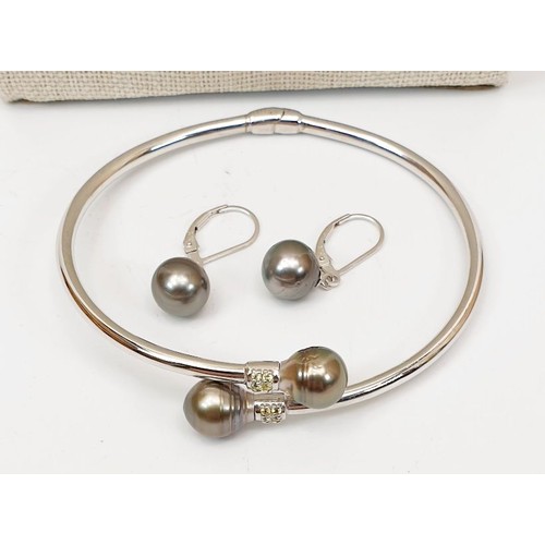 5 - Silver and Tahitian cultured pearl necklace, earrings and a bangle. UK shipping £14.