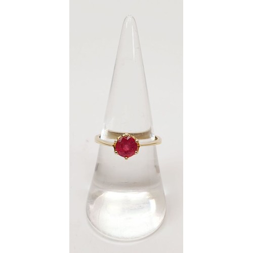 13 - A hallmarked 9ct gold majestic ruby solitaire ring, size N, gross weight 2.2g. UK shipping £14.