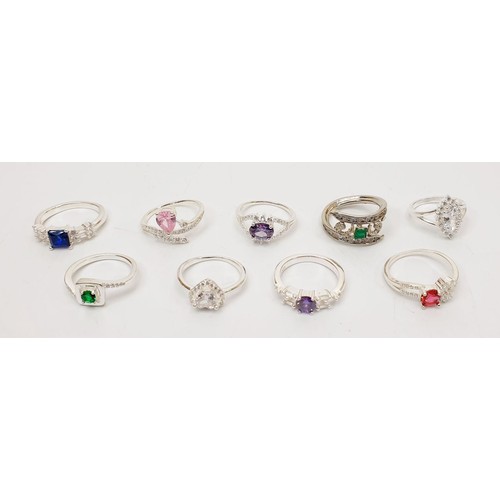 53 - Nine silver rings set with coloured stones. UK shipping £14.