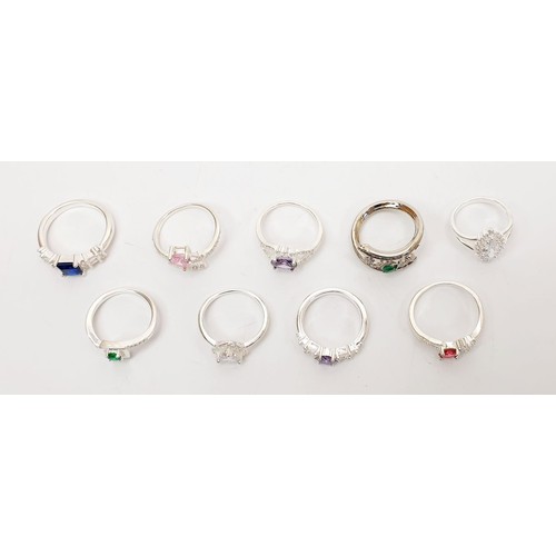 53 - Nine silver rings set with coloured stones. UK shipping £14.