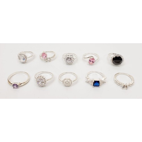 52 - Ten silver rings set with coloured stones. UK shipping £14.