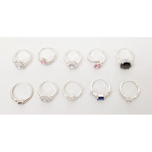 52 - Ten silver rings set with coloured stones. UK shipping £14.