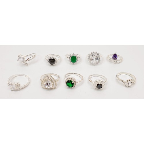 51 - Ten silver rings set with coloured stones.  UK shipping £14.