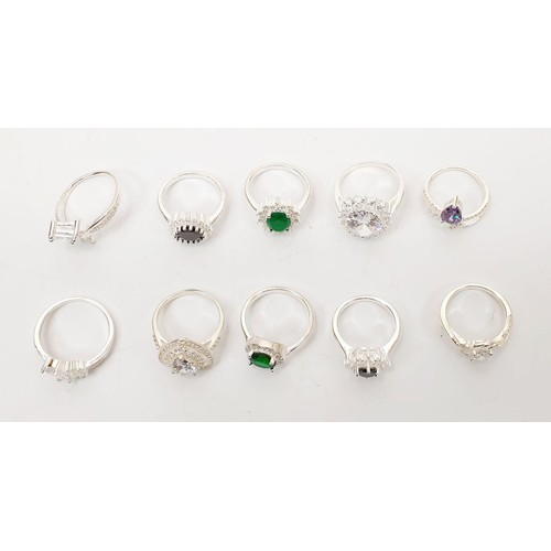 51 - Ten silver rings set with coloured stones.  UK shipping £14.