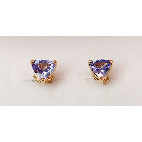 41 - A pair of 9ct gold earrings set with AA tanzanite. UK shipping £14.