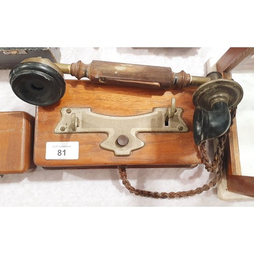 81 - An early 20th century Bakelite and oak wall mounted telephone handset. UK shipping £14.