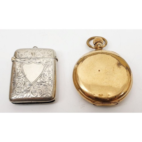 67 - A gold plated Record pocket watch, A/F together with an Albo silver vesta case. UK shipping £14.