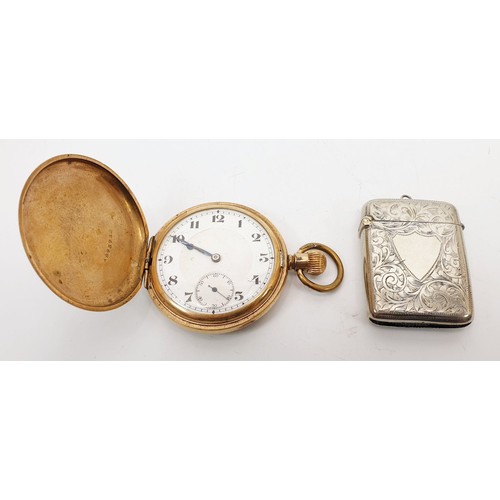 67 - A gold plated Record pocket watch, A/F together with an Albo silver vesta case. UK shipping £14.