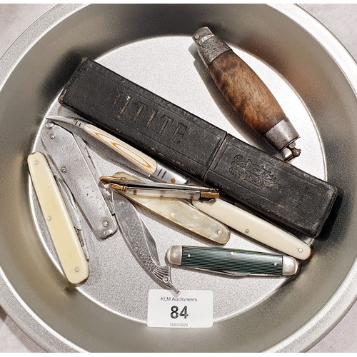 84 - A vintage Swedish barrel knife, other pen knives and a cut throat razor. UK shipping £14.