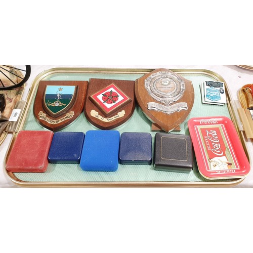 106 - Two military wall plaque insignias, commemorative and other medallions and assorted. UK shipping £14... 