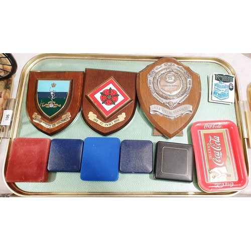 106 - Two military wall plaque insignias, commemorative and other medallions and assorted. UK shipping £14... 